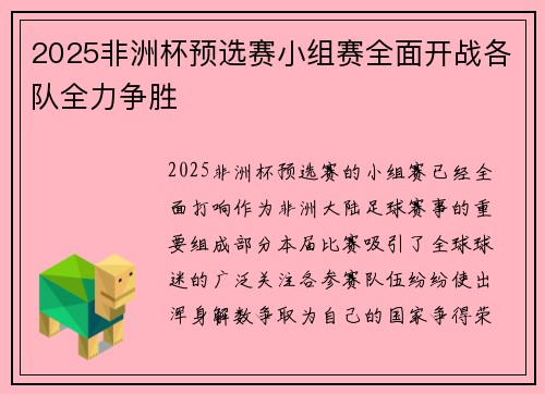 2025非洲杯预选赛小组赛全面开战各队全力争胜