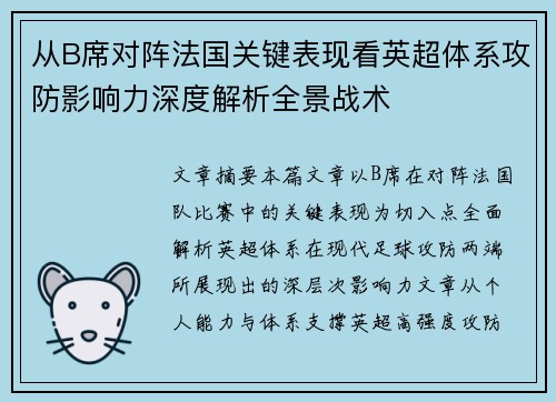 从B席对阵法国关键表现看英超体系攻防影响力深度解析全景战术